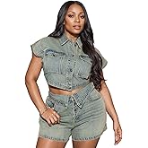 Tbahhir Women Trendy Denim Short Sets,2 Piece Jean Outfits for Women Sleeveless Button Down Crop Top Jeans Shorts Set
