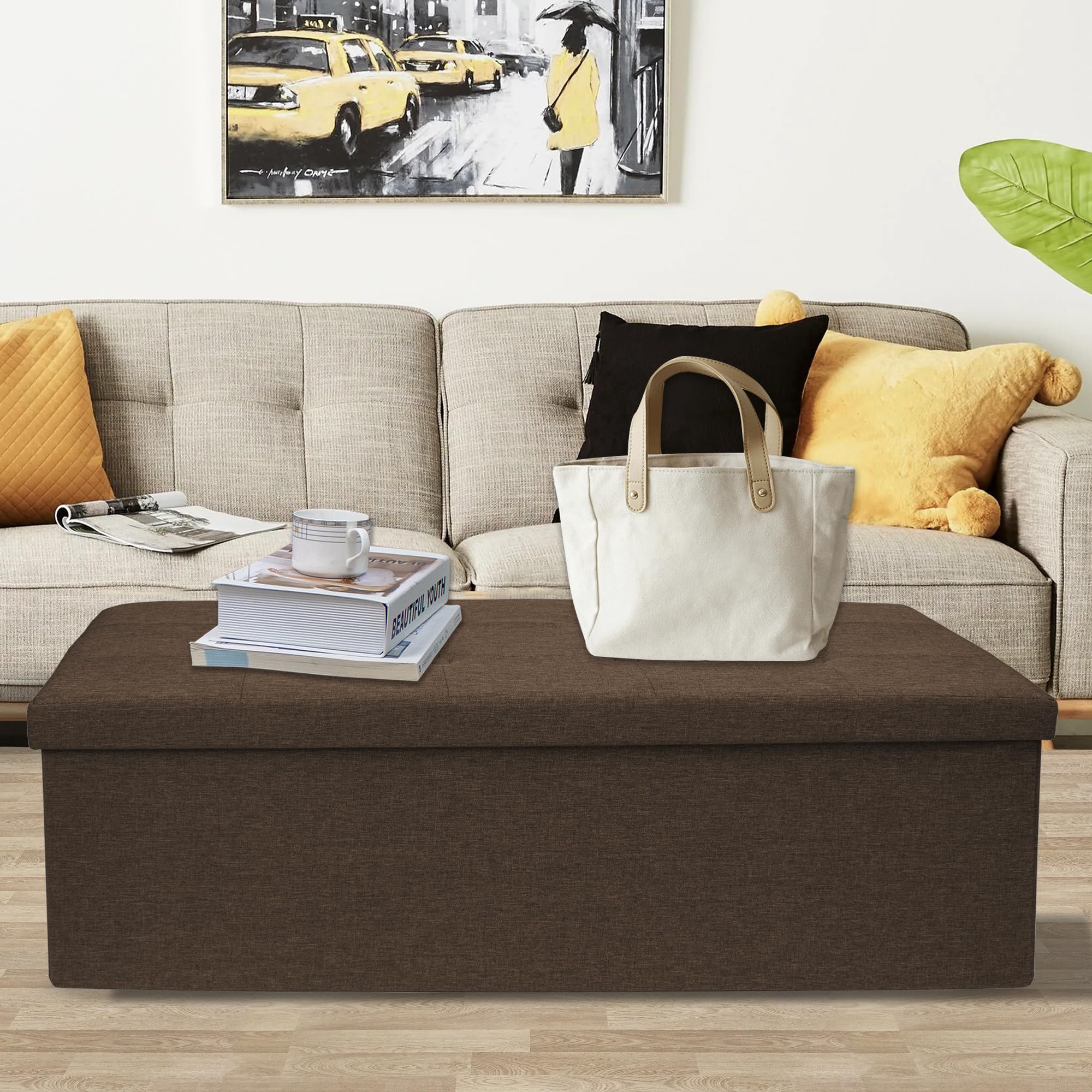 GLAXYFUR 43 Inches Folding Storage Ottoman Bench, Storage Chest, Footrest for Entryway, Living Room, Holds up to 660 lb, Brown - Image 2