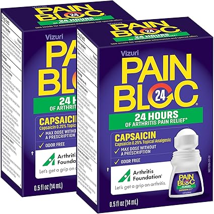 Amazon Com 2 Pack Painbloc24 Arthritis Pain Relief Long Lasting Pain Relief Topical Medication For Knee Back Neck Elbows Hip Joint Muscle Pain Roll On Maximum Strength Otc Capsaicin 0 25 0 5fl Oz Health Personal