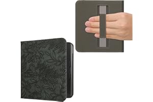 kwmobile Case Compatible with Kobo Libra Colour Case - PU Cover w/Strap - Embossing Flowers Green