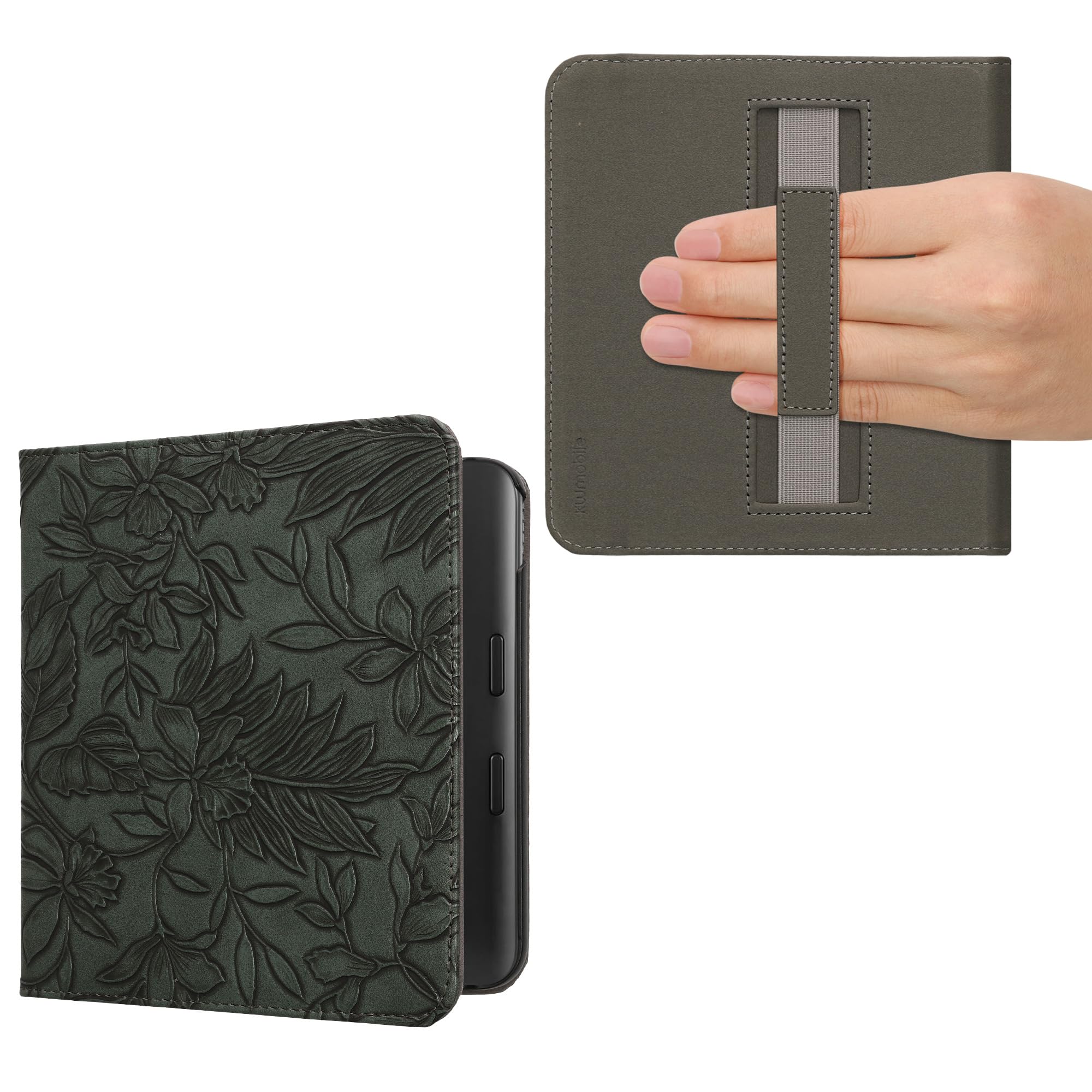 kwmobile Cover for Kobo Libra Colour Case - eReader Cover with hand strap and auto sleep funktion - Embossing Flowers with Green