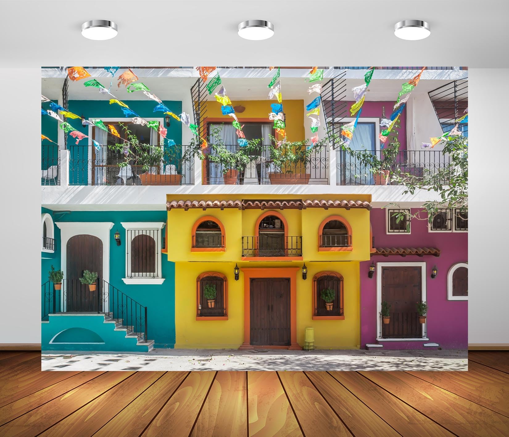 Photo 1 of BELECO 5x3ft Fabric Mexican Old Streets Backdrop Traditional Colorful Houses Building Paper Flags Mexican Fiesta Background Mexican Theme Party Decorations Photo Booth Studio Props
