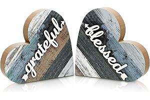 Jetec 2 Pcs Rustic Table Decorations for Living Room Home Decor Farmhouse Valentines Day Centerpiece Small Love Wooden Heart Decor for Dining Room Shelf Valentines Gift Decoration(Grateful Style)