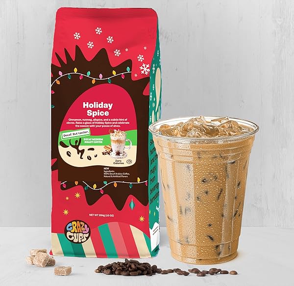 CRAZY CUPS FLAVORED GROUND DECAF HOLIDAY COFFEE, DECAFFEINATED HOLIDAY SPICE COFFEE IN 10 OZ BAG, FOR BREWING FLAVORED HOT OR ICED COFFEE, (PACK OF 1)
