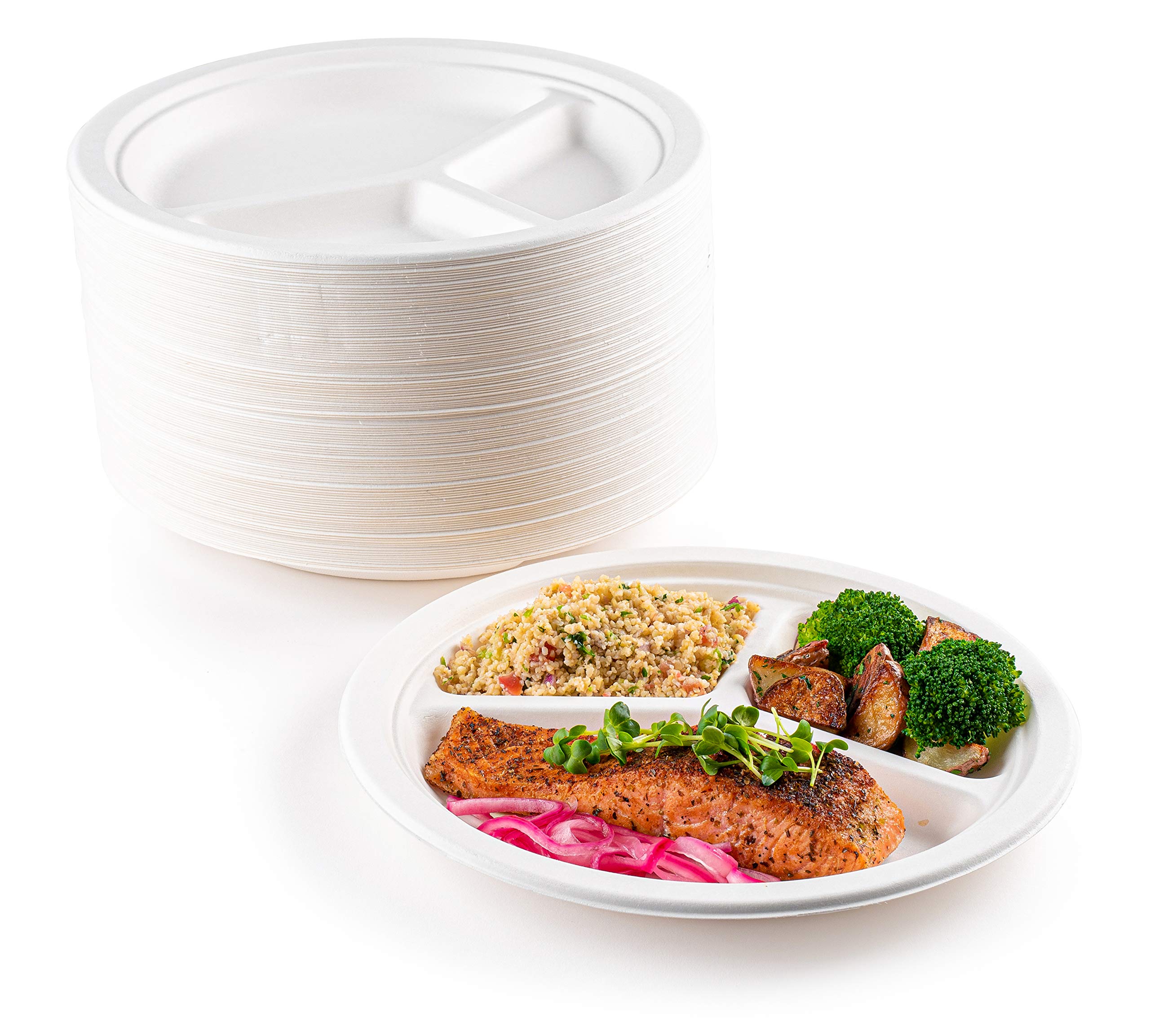 Brheez 23 cm (9 in) Heavy Duty 3 Compartment Plates 100% Natural Sugarcane Biodegradable Compostable Bagasse, Eco-Friendly Paper Alternative - Pack of 110