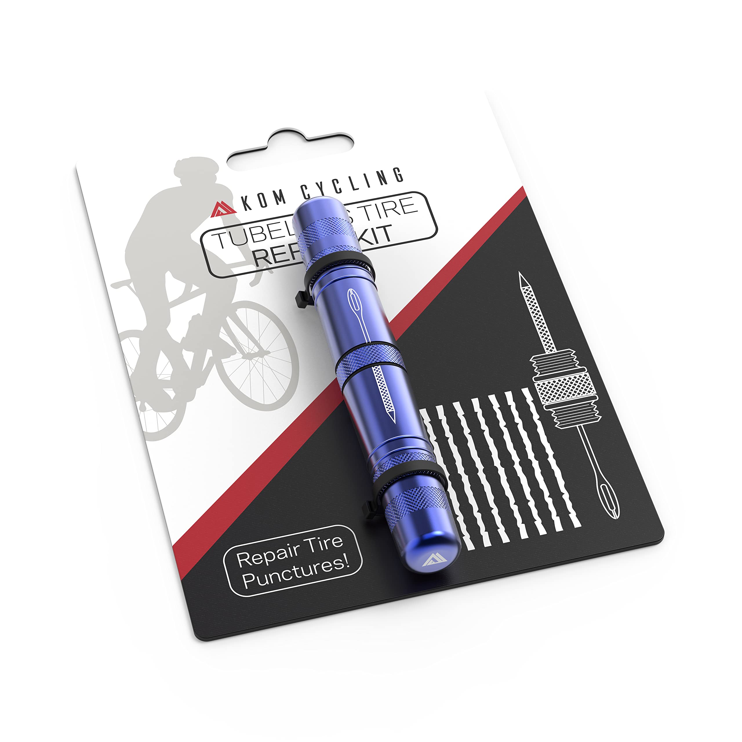 KOM Cycling Tubeless Tire Repair Kit for Bikes – 8 Colors! Fixes Mountain Bike and Road Bicycle Tire Punctures – Includes Tire Repair Fork and Reamer, 8 Bacon Strips. Tubeless Repair Made Easy (Blue)
