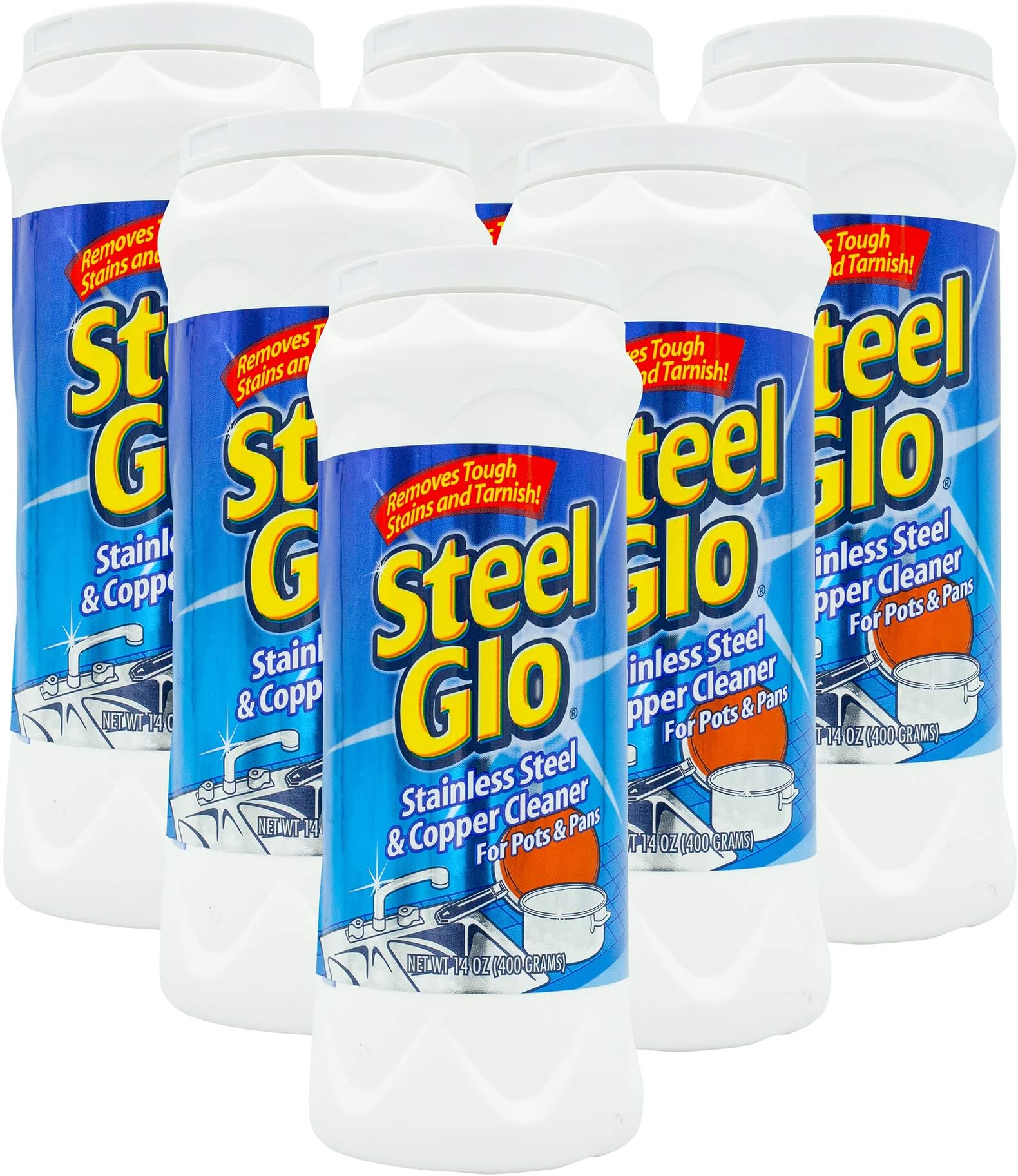 Steel Glo Stainless Steel Cookware Cleaner and Copper Cleaner (14 oz, 6 Pack) Helps Remove Stains and Tarnish from Pots and Pans, Multi-Purpose Metal Cleaner, Powder Form