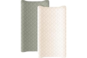 Konssy Waterproof Muslin Changing Pad Cover 2 Pack, Quilted Cotton Fitted Diaper Chang Table Cover, Soft Changing Pad Sheets for Girls Boys (Fog Green,Cream)