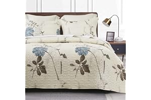 DURLENGEN Floral Quilt Set King Size 3Pcs, Gray & Blue Flowers and Brown Botanical Pattern Printed on Beige, All Season Lightweight Coverlet Sets(King 106x96, Floral Beige)