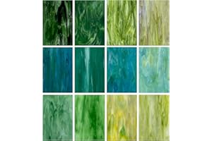 Unicoshape 12 Sheets Stained Glass Pack, 6" X 4" Cathedral Art Mosaic Glass Tiles, Mixed Green
