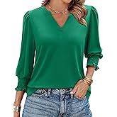 Uhiger Tunic Tops for Women 3/4 Length Sleeve Womens Tops V Neck Blouses Shirts Dressy Casual with Smocked Cuffs