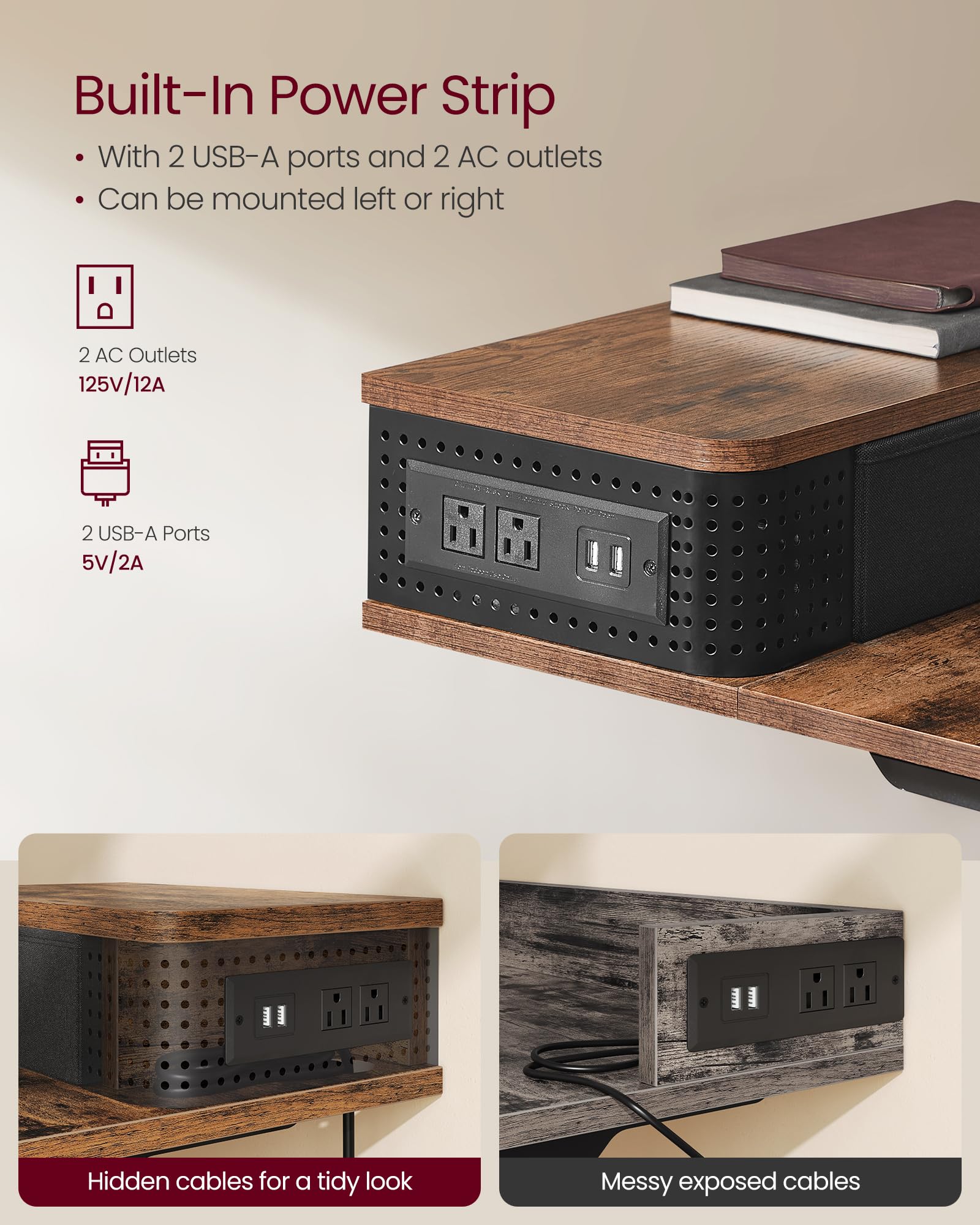 VASAGLE Electric Standing Desk with Drawers, 55.1 x 23.6 Inches, Sit Stand Desk with Power Outlet and LED Lights, Adjustable Height, Storage Shelf, 3 Memory Buttons, for Home Office, Rustic Brown