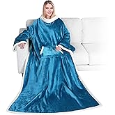 PAVILIA Sherpa Wearable Blanket with Sleeves and Pocket, Plush Thick Cozy Body Blanket Wrap for Adult Women Men, Christmas Gift for Wife Mom, Teal Blue