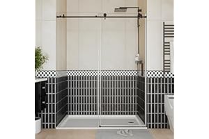 PEACEFULHUES Semi-Frameless Sliding Shower Door - 56 to 60 Inch Adjustable Width x 76 Inch High, 6mm Coated Tempered Glass with Easy Clean, One Fixed & One Sliding Panel, Stainless Steel Round Rail, Matte Black
