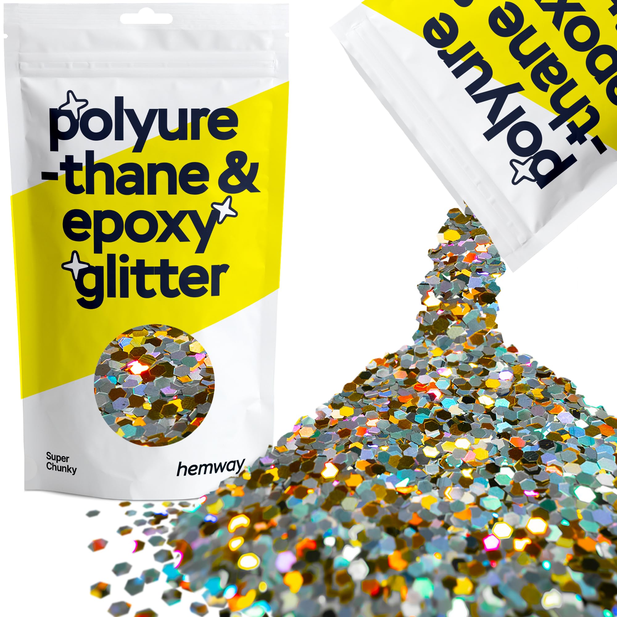 Hemway Resin Glitter Gold Silver Holographic 100g Super Chunky | Polyurethane & Epoxy Glitter for Resin Crafts, Tumblers, Coasters, Floor & Table Art