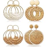 4 Pairs Handmade Raffia Rattan Bohemian Round Drop Dangle Earrings for Women, Boho Statement Cute Fun Hoop Earrings Set