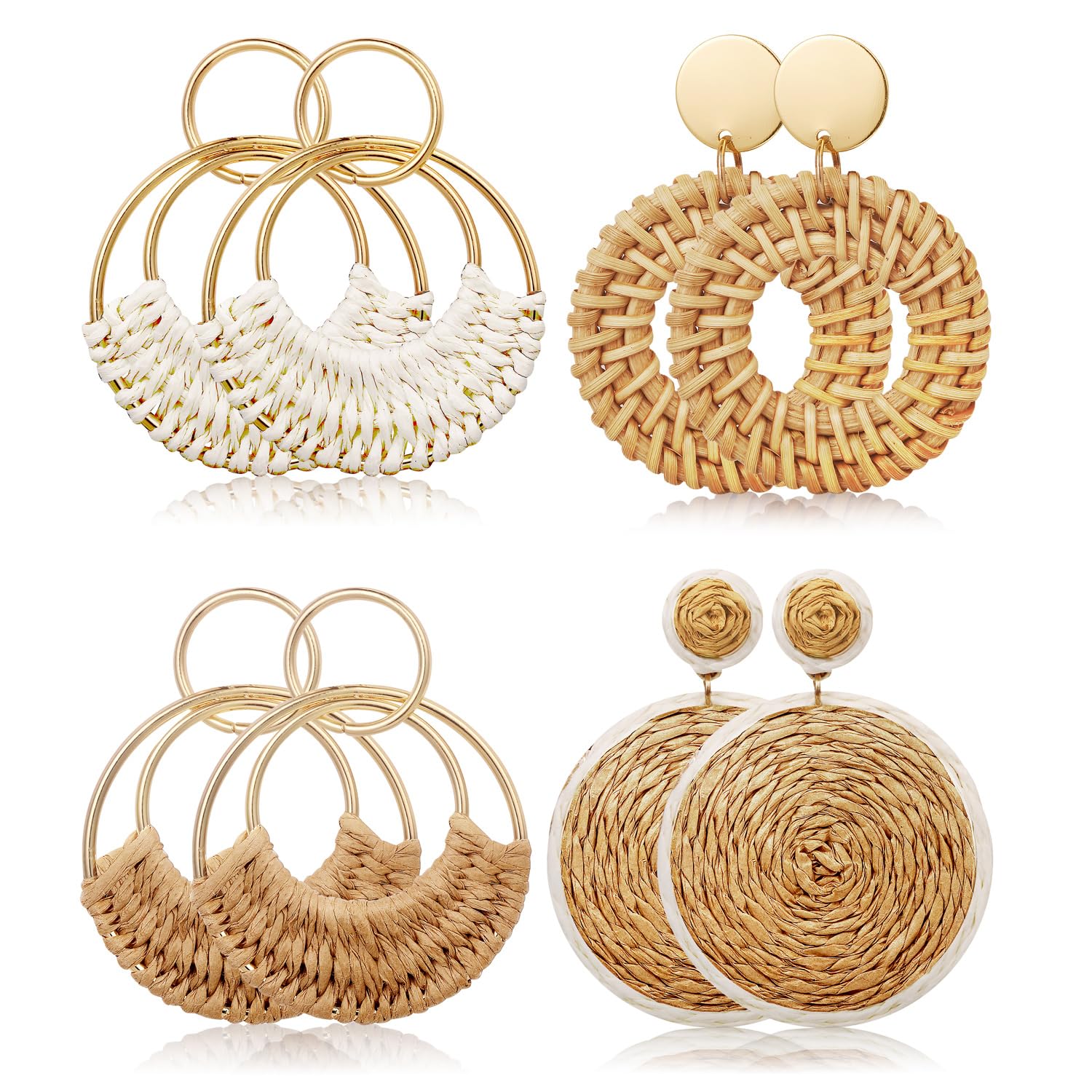 Photo 1 of 4 Pairs Handmade Raffia Rattan Bohemian Round Drop Dangle Earrings for Women, Boho Statement Cute Fun Hoop Earrings Set (Raffia and rattan)