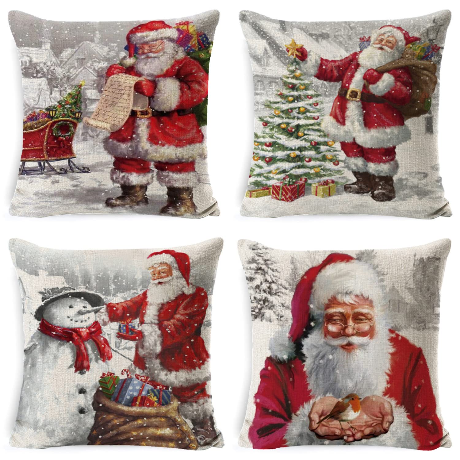 Davicher Christmas Pillow Cover Set Sofa Couch Cushion Cover Cotton Linen Xmas Decorative Pillowcases Christmas Snowflake Sofa Cushion Cover for Home Christmas Favor Decoration (Santa Clau)