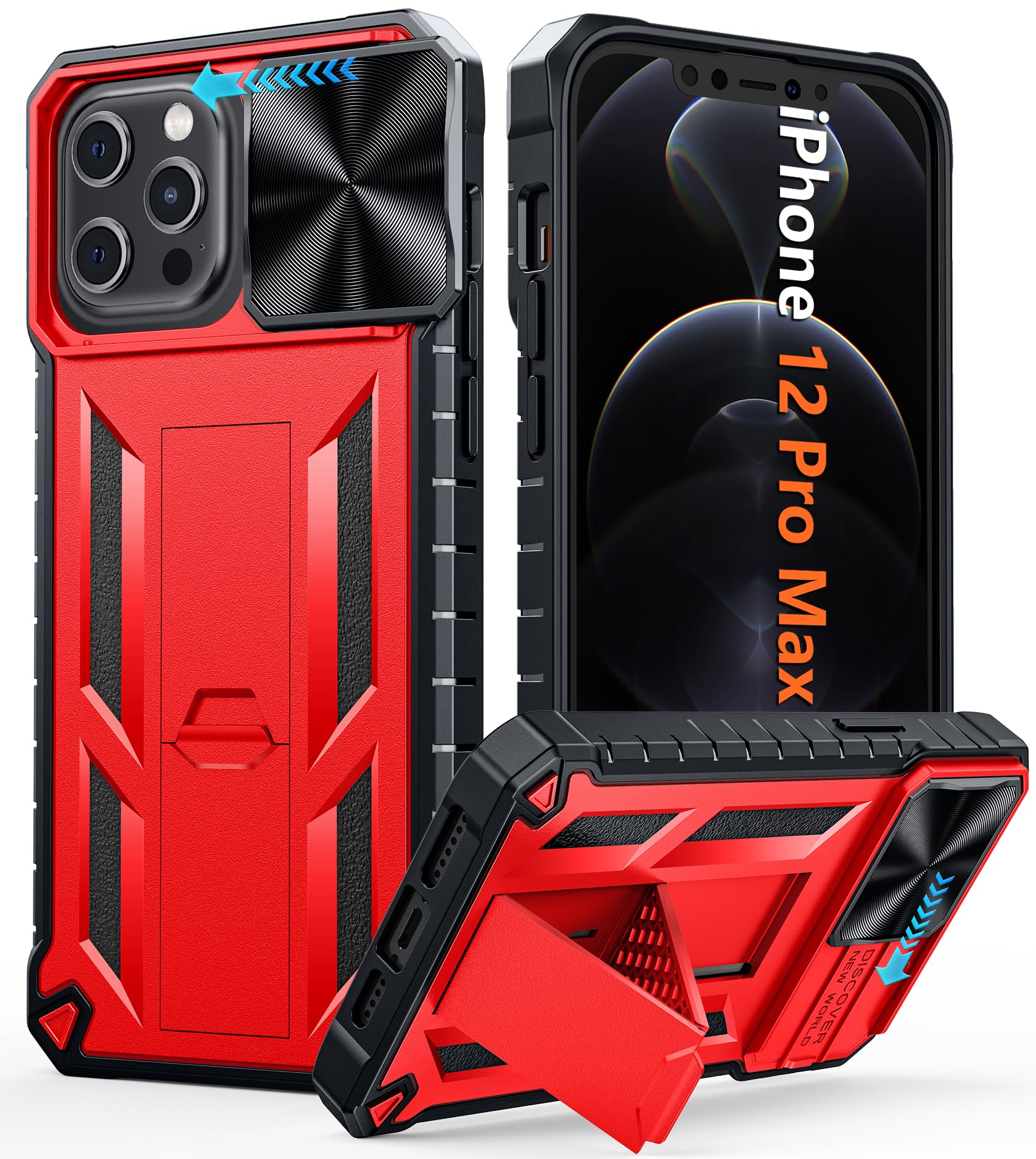 Photo 1 of FNTCASE for iPhone 12 Pro-Max Case: Rugged Military Grade Drop Proof Protection Phone Cover with Kickstand | Heavy Duty Shockproof TPU Protective Tough Matte Textured Sturdy Shell 6.7 Inch Red
