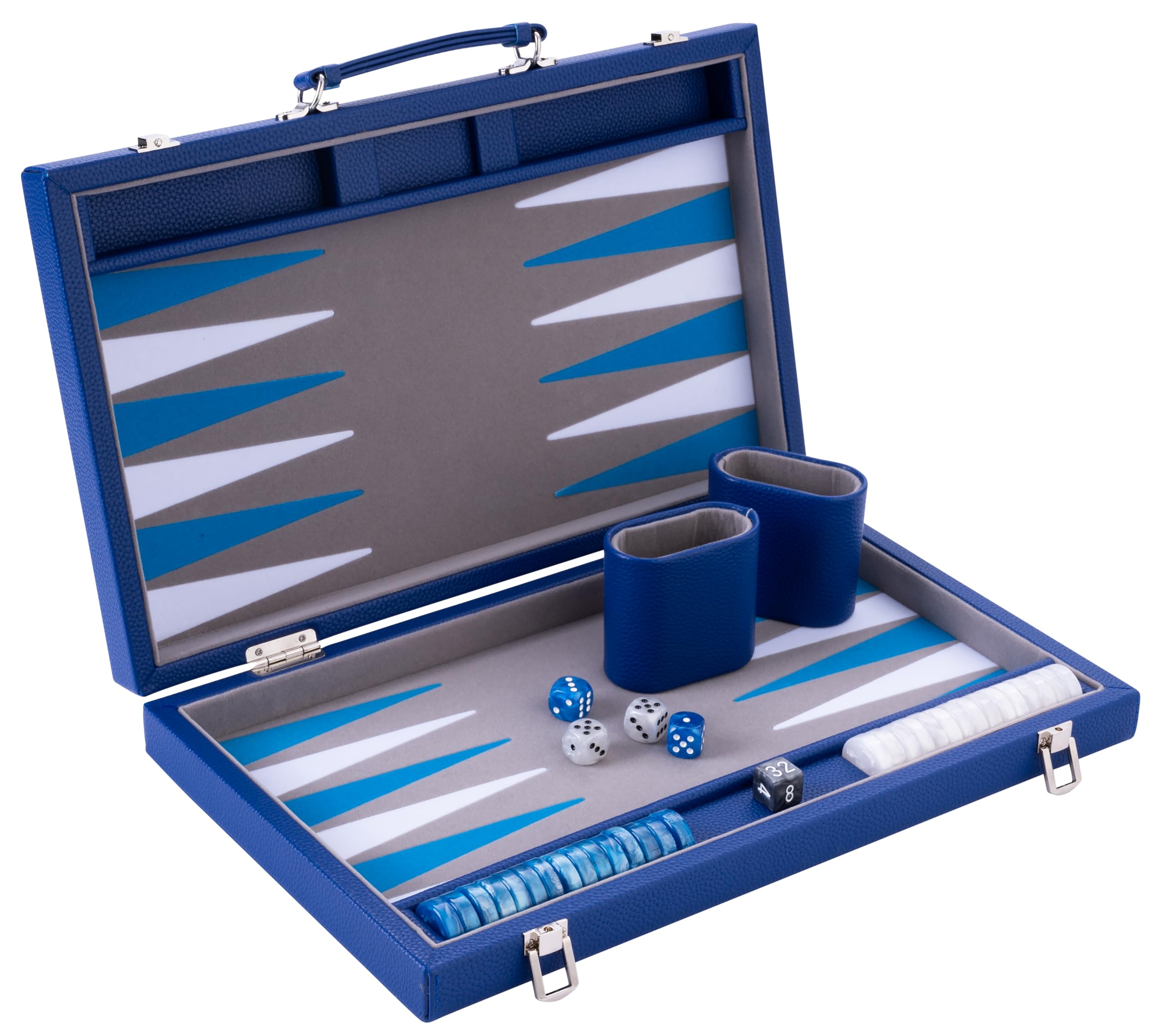 Engelhart - 250521 - Luxury Backgammon Set 15" - faux leather exterior, interior special felt inlay - pearly dice and token - 2 tumblers