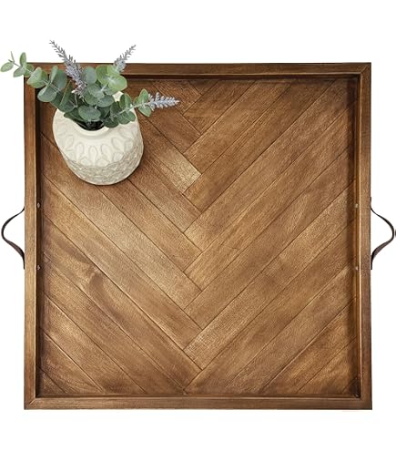Bandeja Grande De Madera LUIYO Con Asas De Cuero - 24 X 24 X 1.5 Pulgadas, Decorativa, Para Servir En Mesa De Café O Cocina