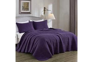 Chezmoi Collection Kingston Queen Size Bedspread Set, 3-Piece Dark Purple Oversized Quilted Microfiber Lightweight Bedspread Coverlet (100"x106") for All Seasons