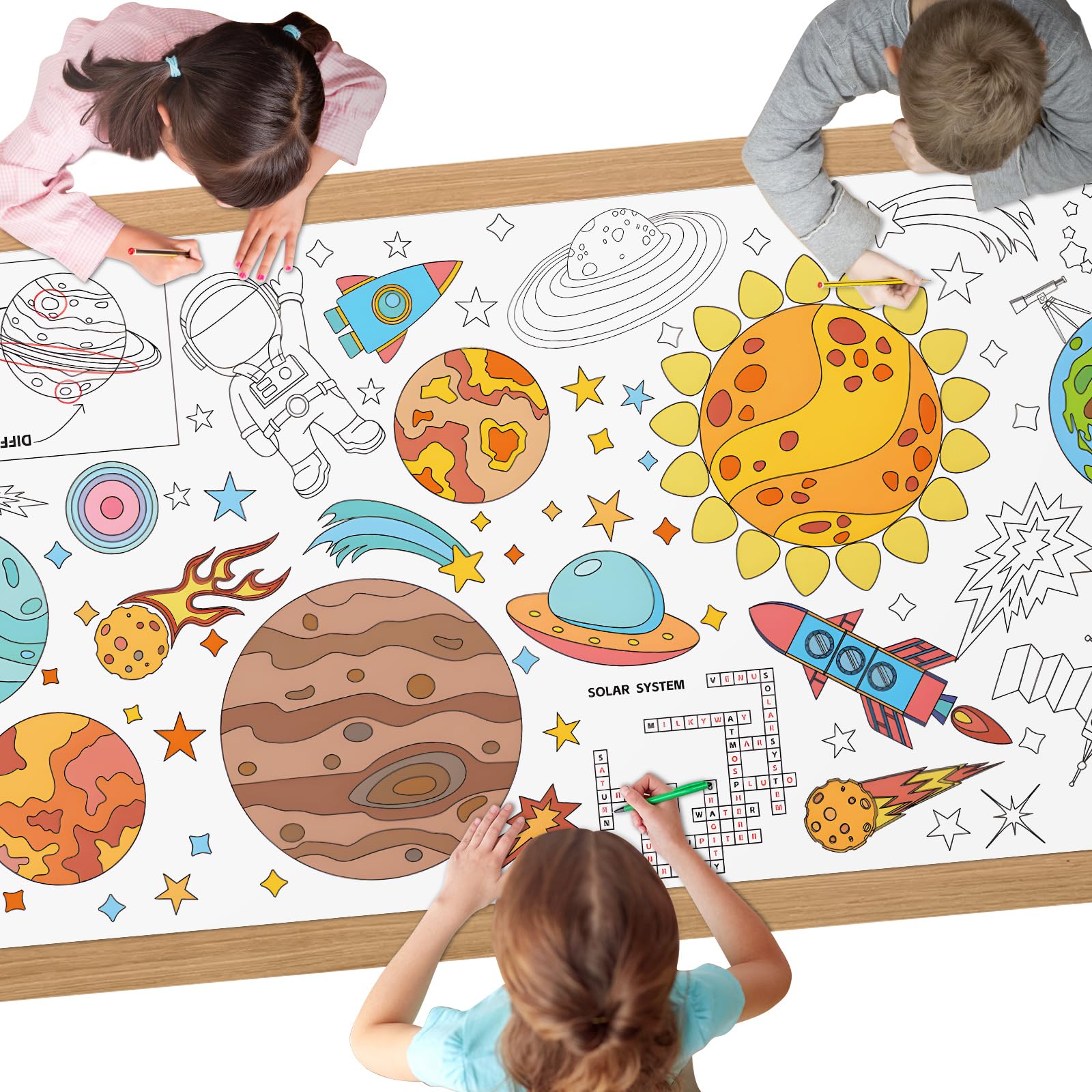 AYESY Planet Colouring Tablecloth for Kids, 72 x 30 inch Giant Colouring Poster Table Cloth, DIY Party Tablecloth for Kids, Craft Doodle Art Boys Girls Birthday Gift — image 1