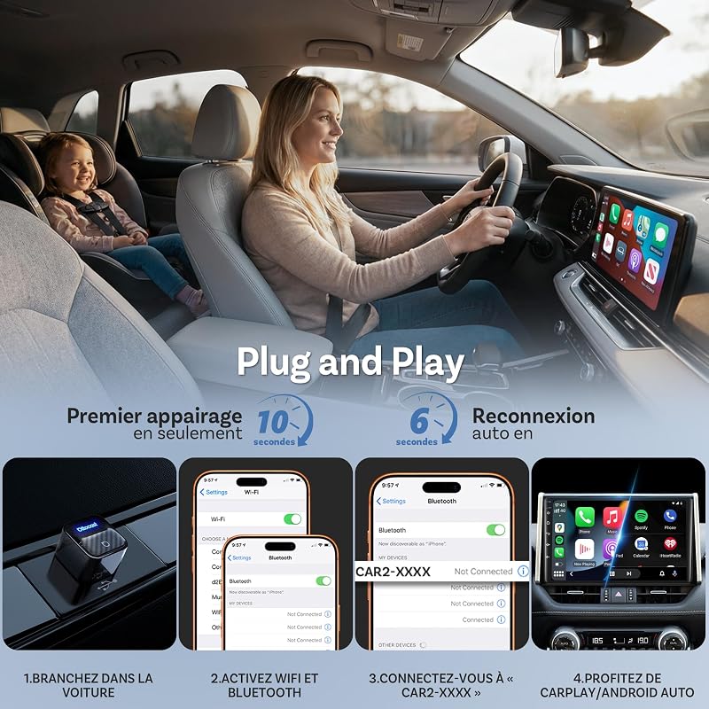 Mini Core 2-en-1 Adaptateur sans Fil CarPlay & Android Auto, Mini Dongle Voiture Cube Compact avec Bouton Smart Switch, Wi-FI 6 et Bluetooth 5.4, Connexion Automatique pour 98% des Véhicules