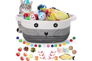 Zopeal 58 Pcs Cat Storage Basket Gift Toys Set, Colorful Flashing Balls Pet Bell Crinkle Balls Spring Toys Attract Cat to Swat, Hunt, Interactive for Pet(Multicolor,9.8 Inch)
