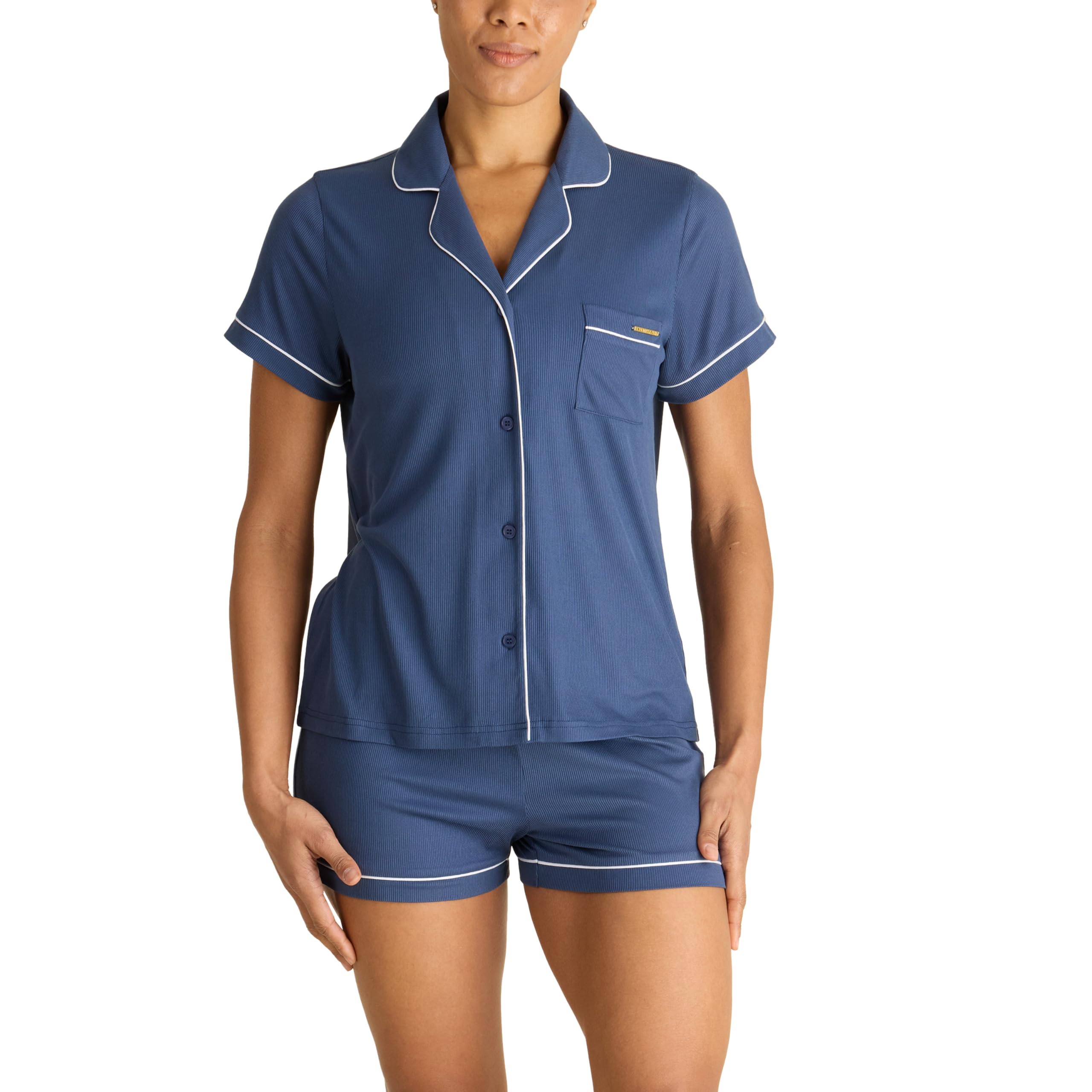 BCBGMAXAZRIA Women’s Ribbed Pajama Set Sleeve Notch Collar with Shorts, Insignia Blue
