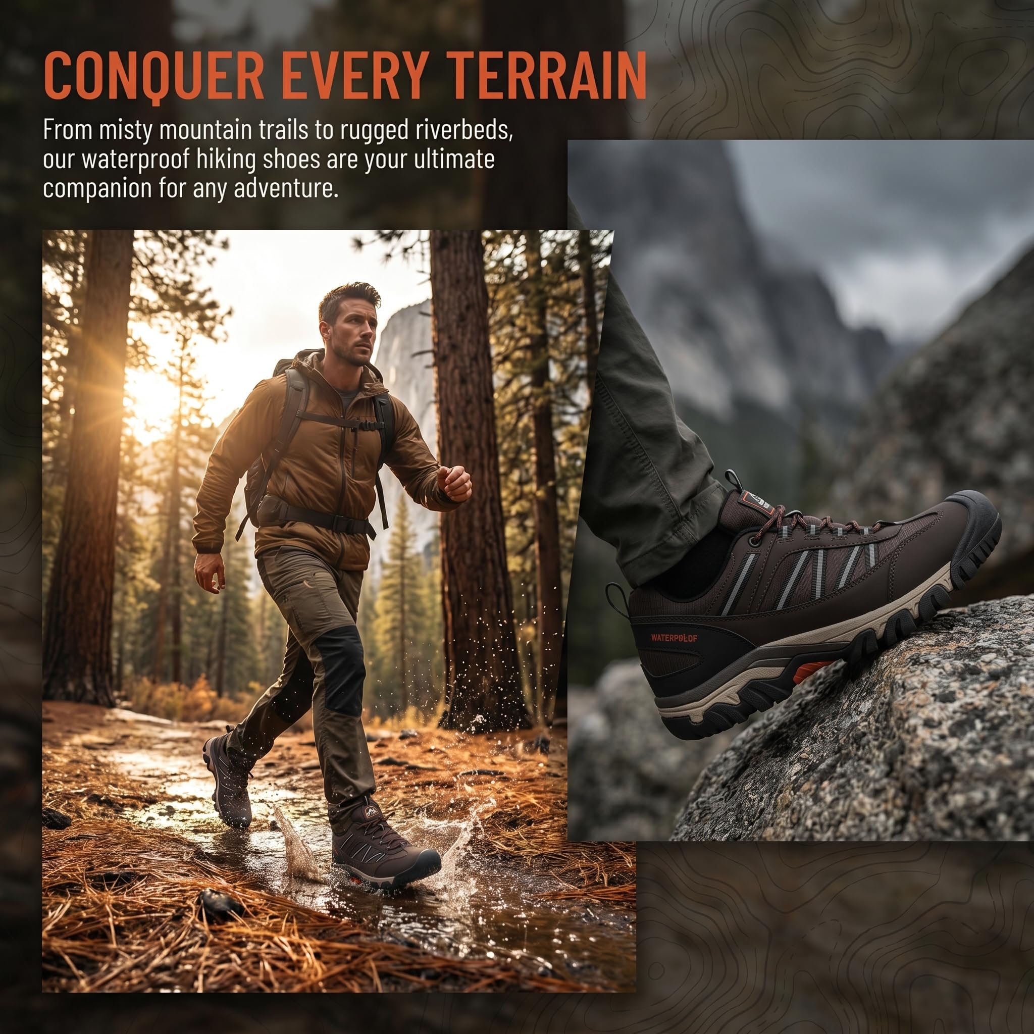 AX BOXING Wanderschuhe Herren Wasserdicht Trekkingschuhe Niedriger Outdoor Schuhe Zehenkappe für Trekking Wandern Camping Braun 43 EU 8