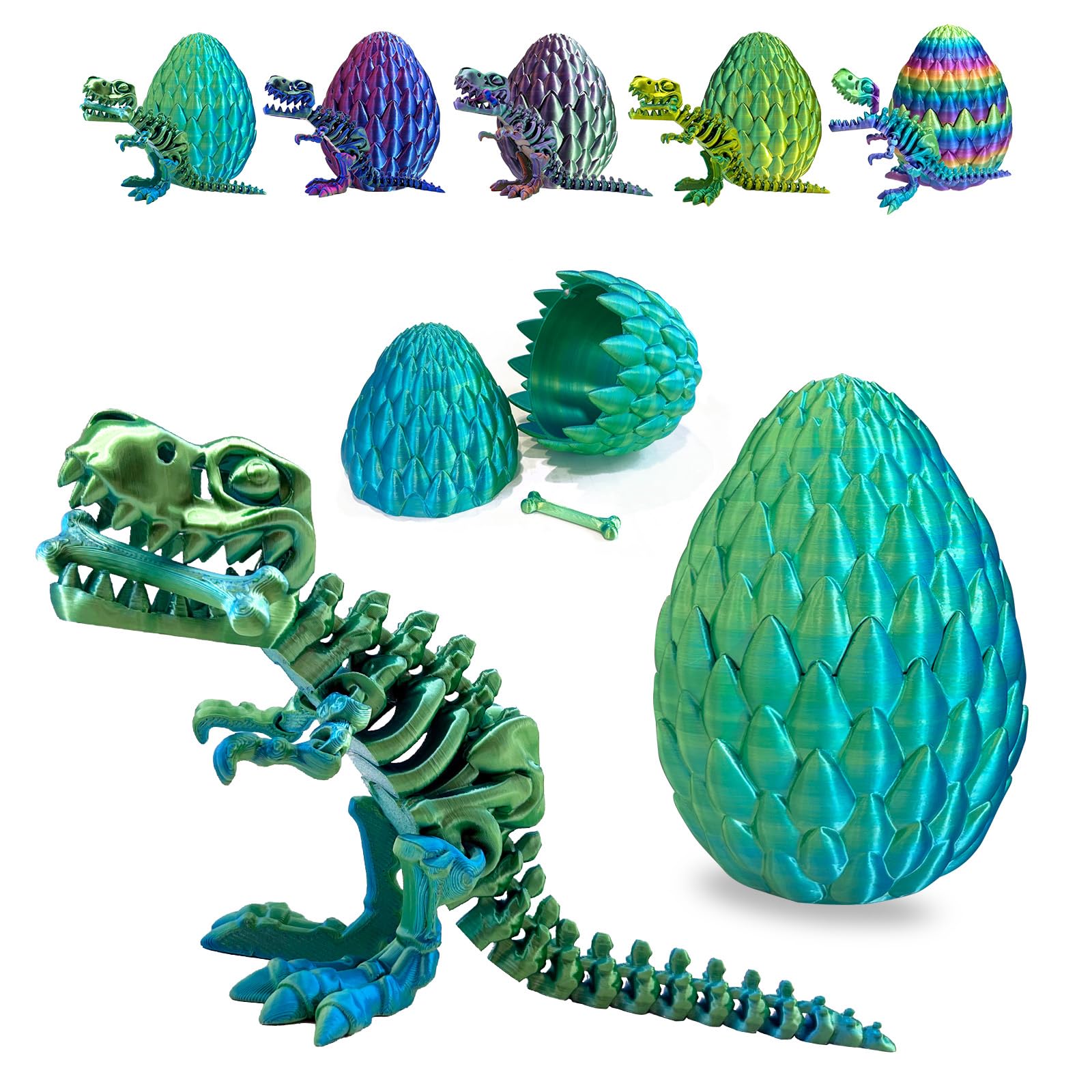 Easter Eggs Filled with Dinosaur Toys, 3D Printed Animals Mystery Crystal Dragon Egg with Articulated Tyrannosaurus Rex, Easter Basket Stuffers Fidget Toy for Adults Kids, Home Office Decor（BlueGreen）