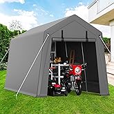 Hipicute 7'x12' Outdoor Portable Storage Shed, Waterproof & UV-Resistant Garage Shelter with 2 Roll-Up Zipper Doors, Anti-Snow Carport Tent for Motorcycle, Bike, and Outdoor Equipment, Gray