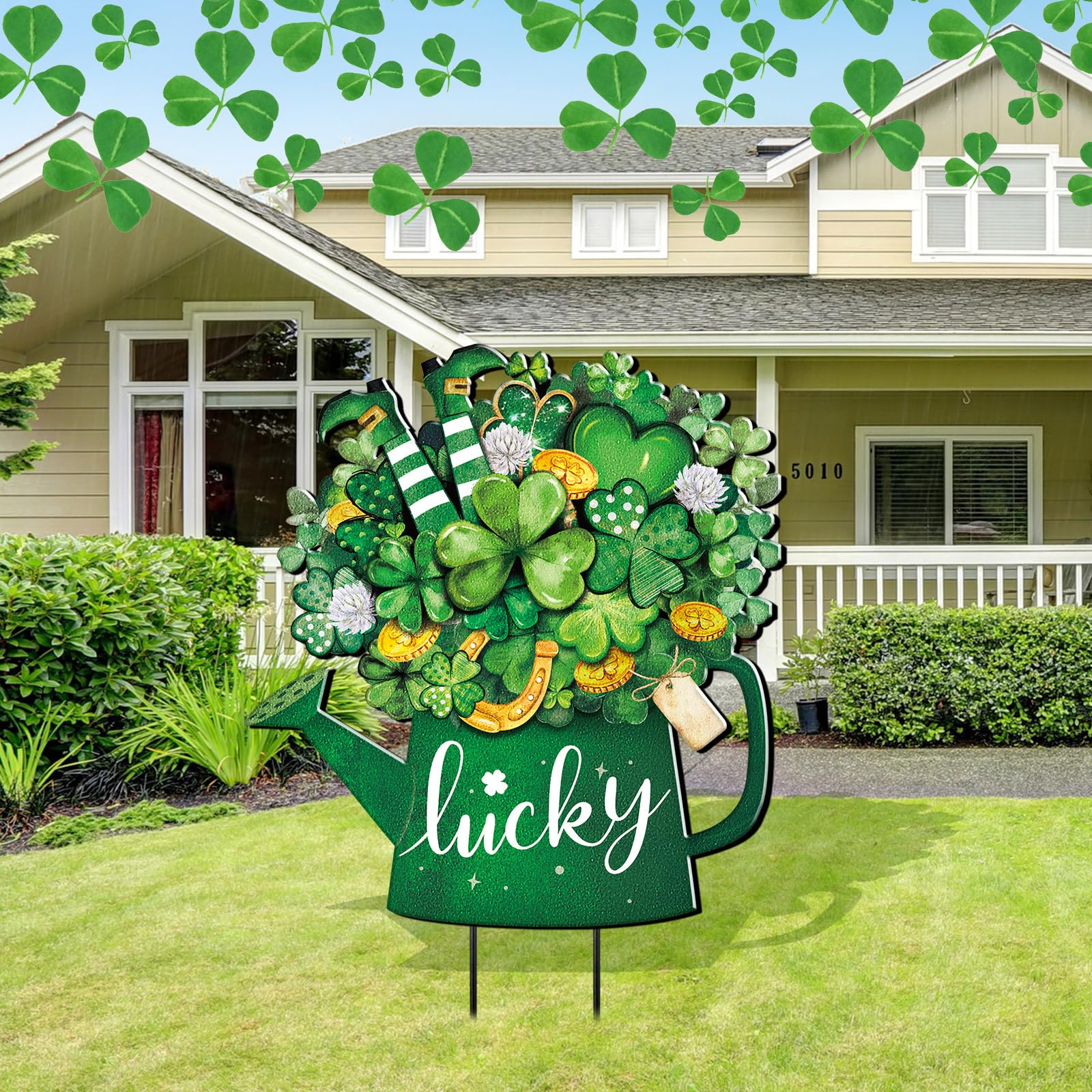 Photo 1 of Memorywuu Metal St Patricks Day Decoration Outdoor Green Shamrock Leprechaun Yard Sign Stake 14.2 Inches Welcome Irish Mason Jar Yard Decor Clover Lawn Decor for Home Garden Patio Lawn