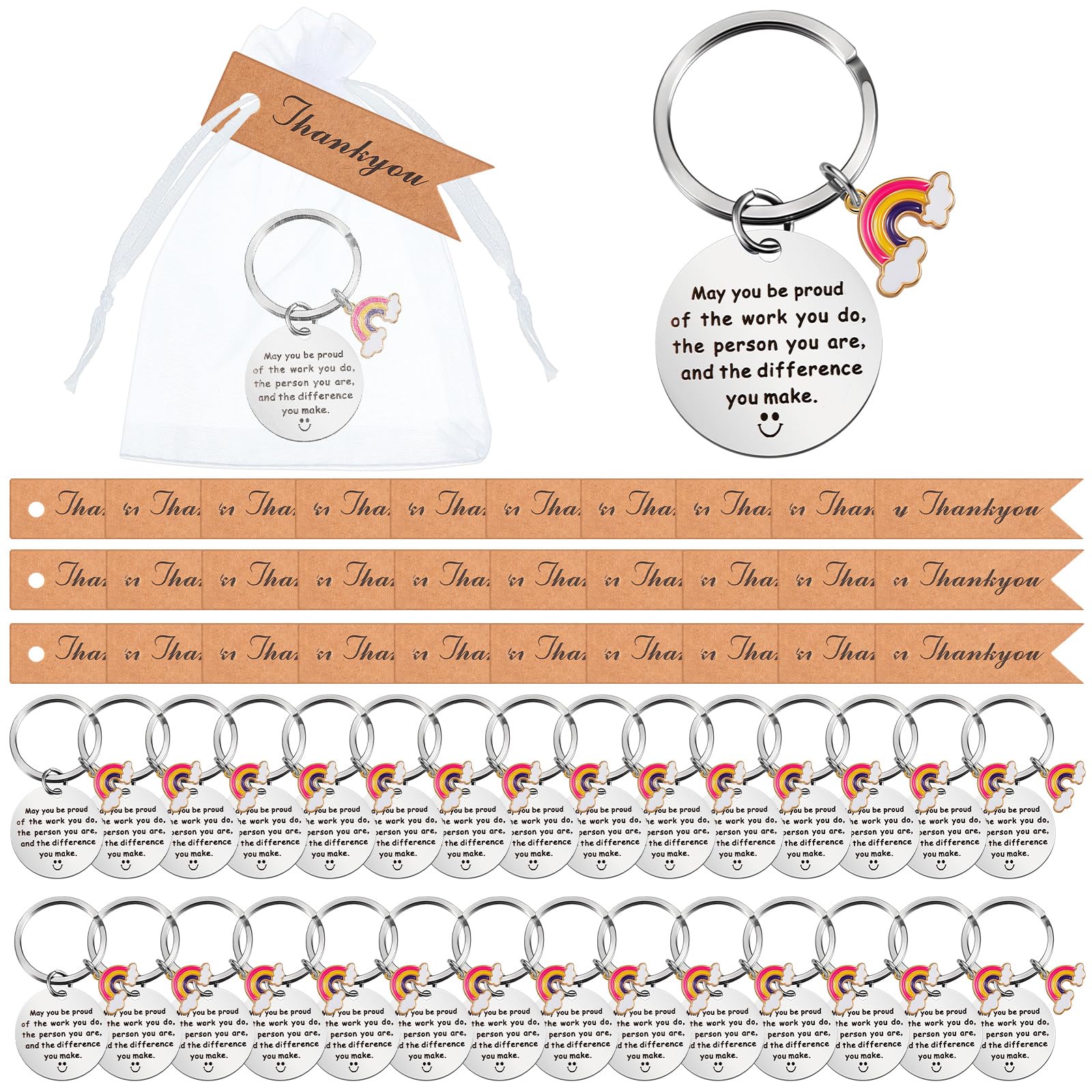 Otuuz 90 Pcs Employee Appreciation Gifts Thank You Gifts Rainbow Inspirational Keychain White Organza Bags Thank You Cards Friendship ThankYou Keyring Coworker Leaving Gift Bulk for Colleague
