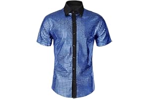 BONGZUO Mens 70s Shirt Short Sleeve Sequin Button Down Top Party Disco Outfit