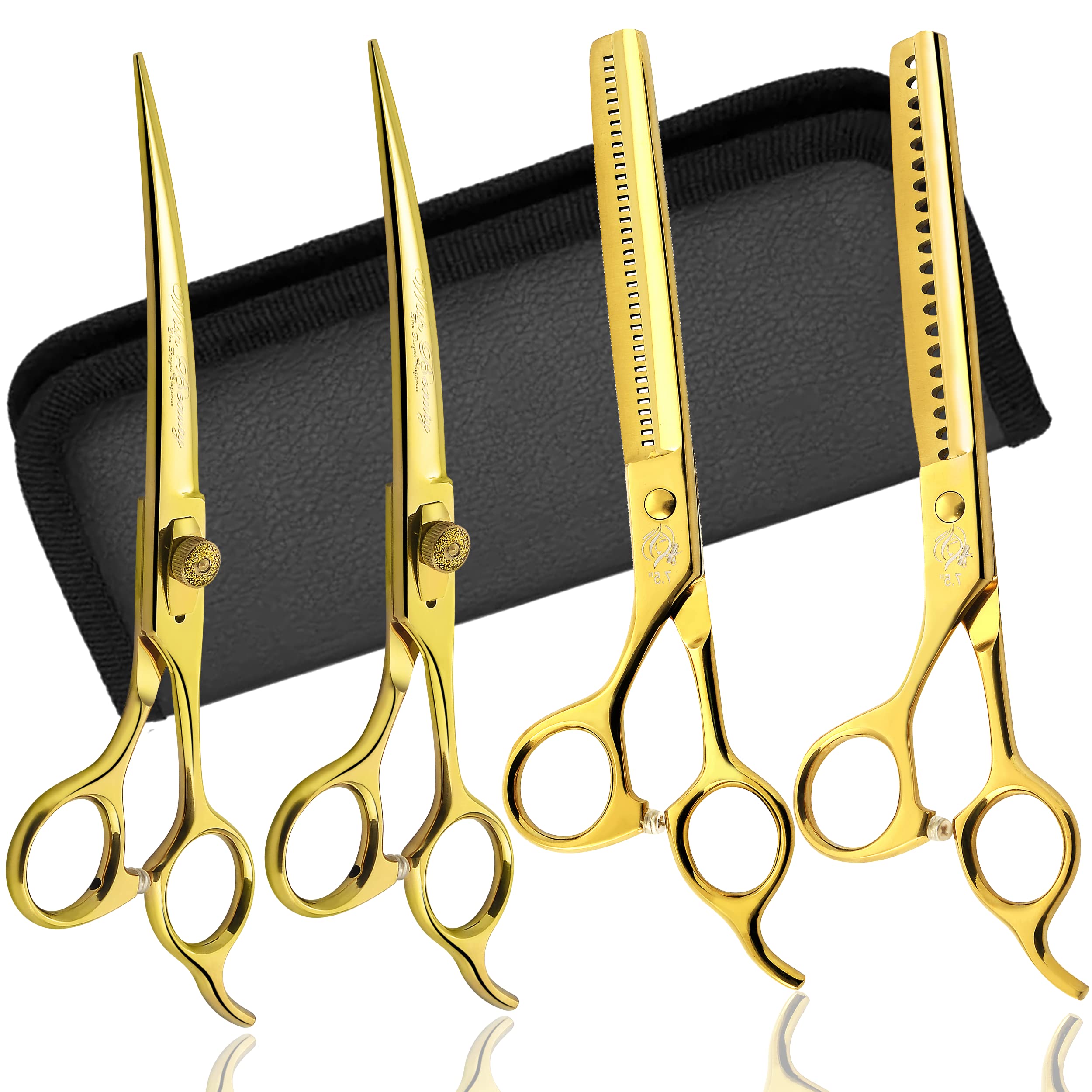 Wishbeauty - 7.5 Inches Professional Pet Grooming Scissors Set, 440C Japanese Steel Straight & Curved & Thinning & Chunker Shears/Scissors Kit for Dog Cat and More Pets (Gold)