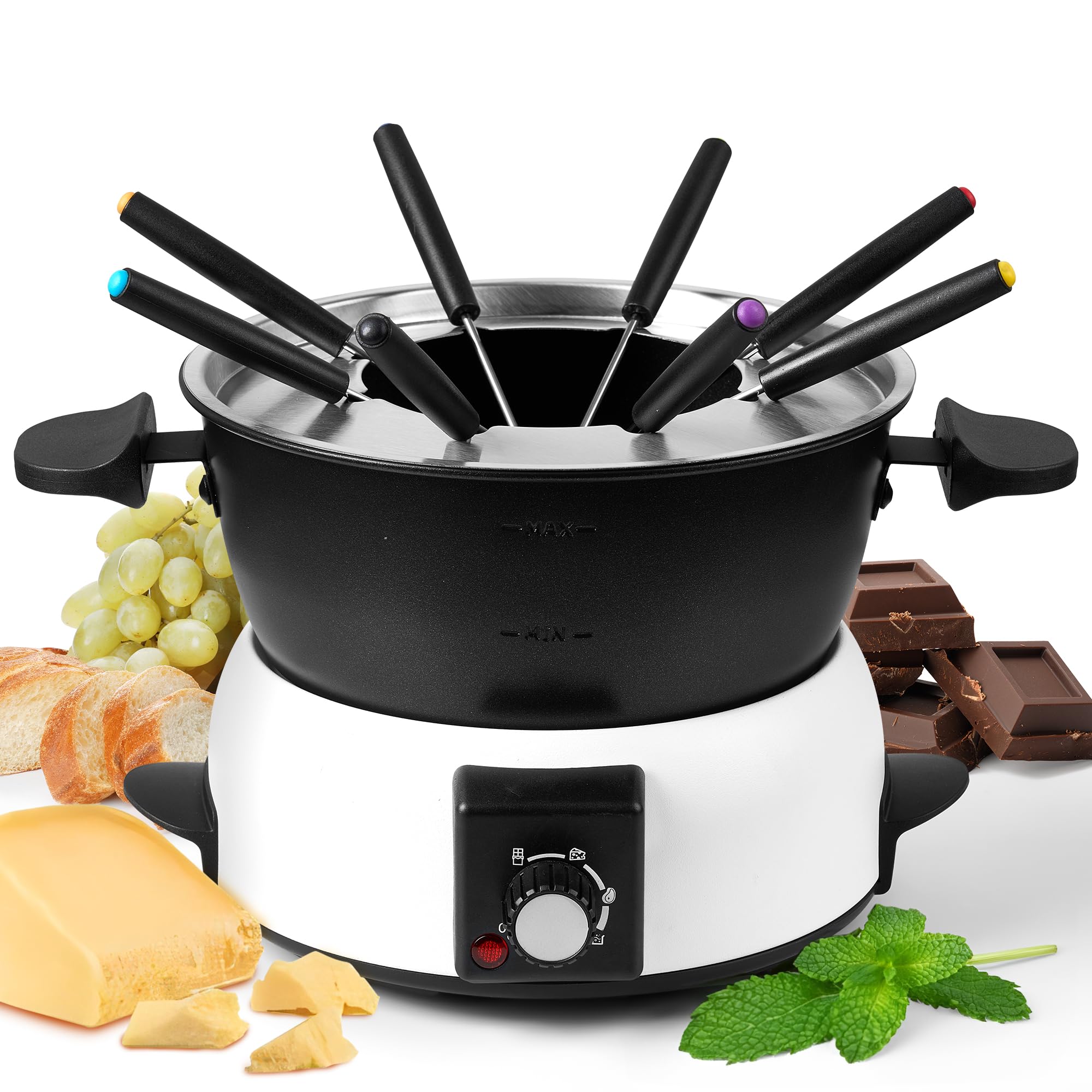 Photo 1 of ***(HEAVILY USED/ MINOR DAMAGE)***Saenchue 3-Quart Electric Fondue Pot Set – Stainless Steel Fondue Pot with 8 Color-Coded Forks, 3-Mode Adjustable Temperature Control for Cheese, Chocolate, Oil, and Hotpot, Model FD-10B