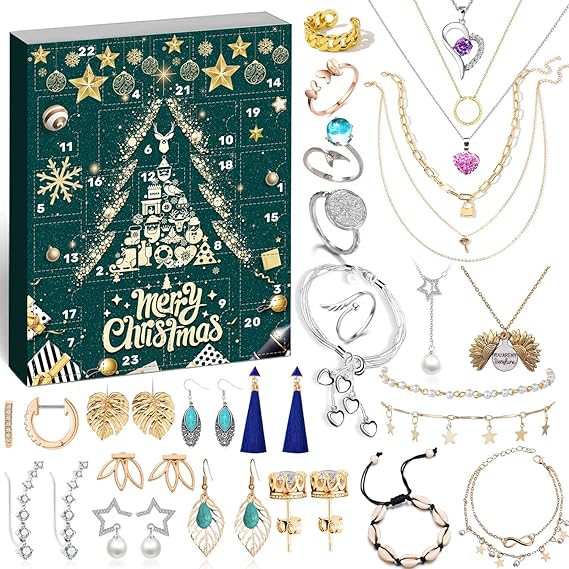 Amazon Movinpe ジュエリー アドベントカレンダー レディース クリスマス ファッション ブレスレット ネックレス リング イヤリング 休日までのカウントダウン クリスマス サプライズギフト 妻 娘 母 大人 女の子 ジュエリーセット2 ネックレス 通販