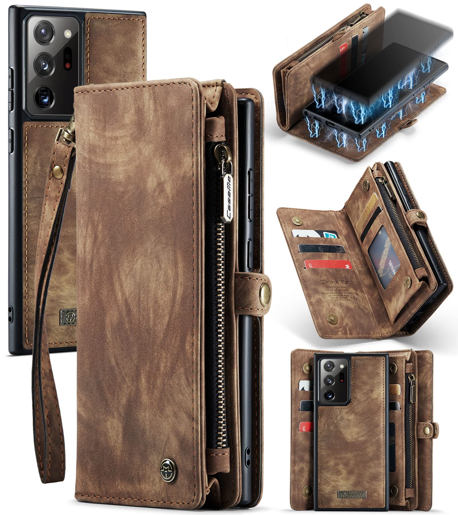 UFinetech Detachable 2-in-1 Samsung Galaxy Note 20 Ultra Case Wallet Magnetic TPU Leather Card Holder Flip Zipper Lanyard Stylish Multi-functional Purse Cover for Samsung Galaxy Note 20 Ultra 5G 2020