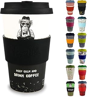 Morgenheld Dein trendiger Bambusbecher | Coffee-to-Go-Becher | Kaffeebecher mit Silikondeckel und Banderole in coolem Design 400 ml (Monkey)