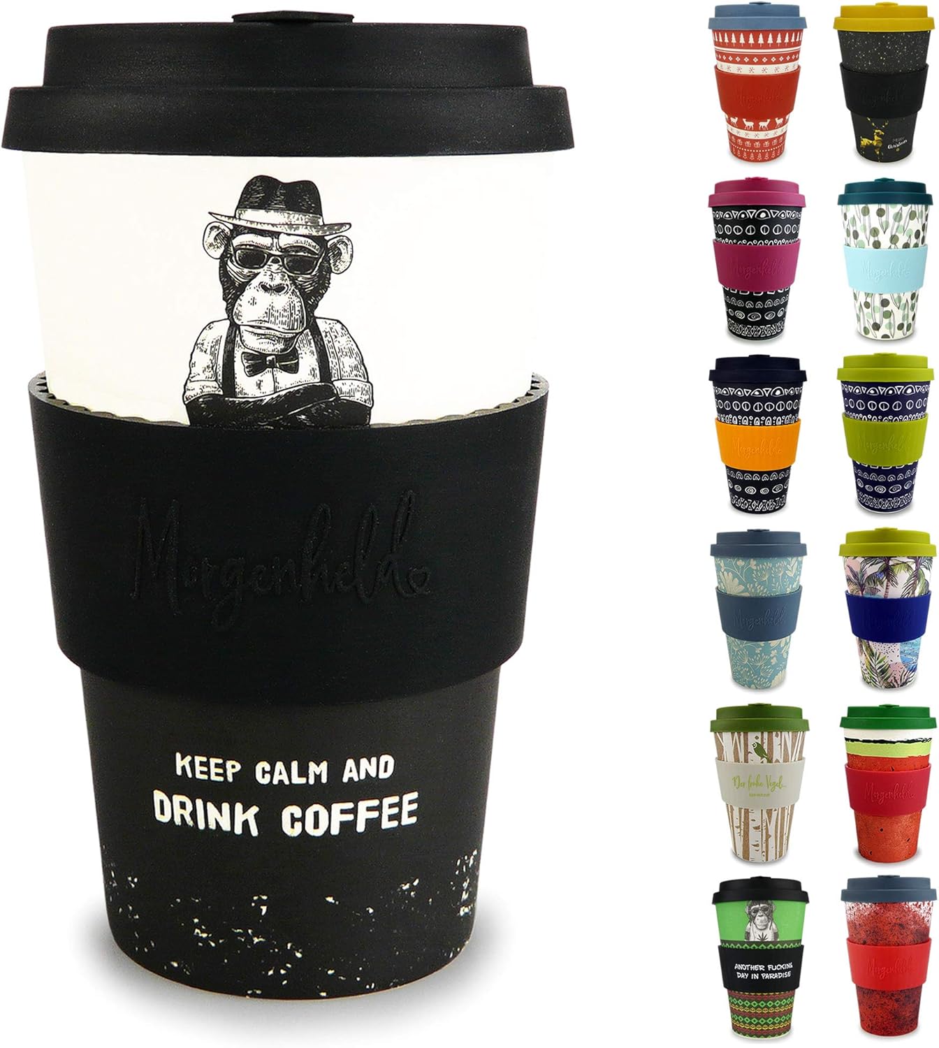 Morgenheld Dein trendiger Bambusbecher | Coffee-to-Go-Becher | Kaffeebecher mit Silikondeckel und Banderole in coolem Design 400 ml (Monkey)