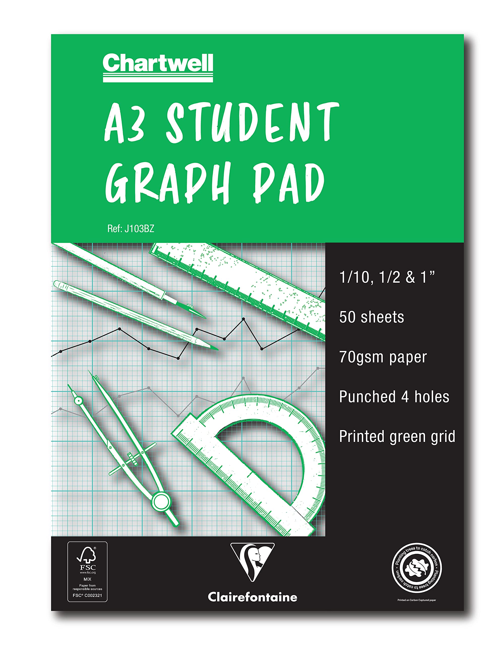 Clairefontaine - Ref J103BZ - Chartwell Graph Pad (Contains 30 Sheets) - A3 (420 x 297mm) Sized, 1/10, 1/2 & 1 Inch Square Rulings, 70gsm Punched Paper, FSC-Certified