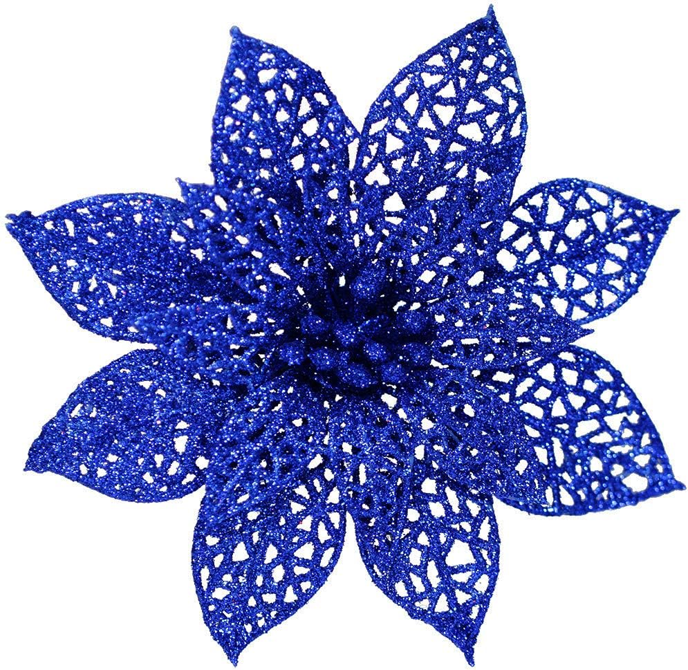 Ornaments - Supla 24 Pack Christmas Blue Glitter Poinsettia Flowers Picks Christmas Tree Ornaments 5.9