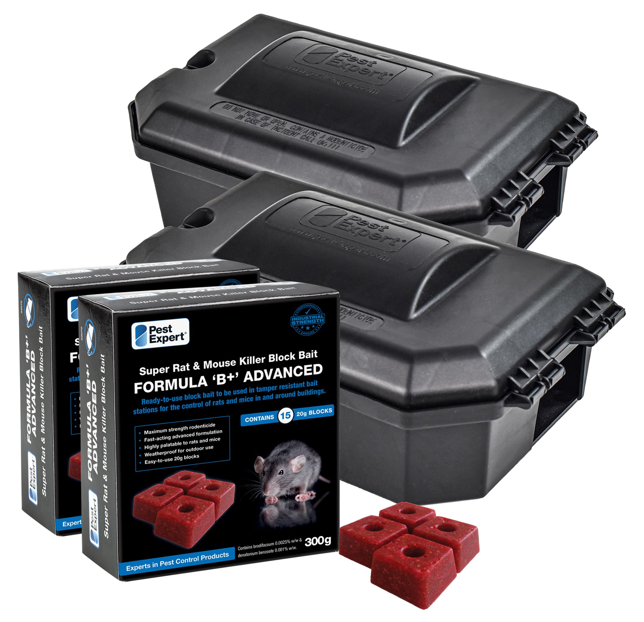 PEST EXPERT Rat/Mouse Poisoning Bait Blocks (600g – 30 Blocks) Rat Poisoning Super Strength Block Bait – Fast-Acting, Single Feed Poison & 2 x Heavy-Duty Rodent Box Stations for Indoors/Outdoors