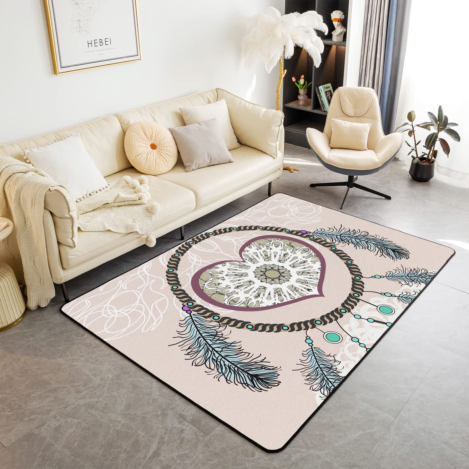 Homemissing Dreamcatcher Area Rug 100x150cm Bohemian Style Rugs Mat For Living Room Bedroom Heart Feather Pattern Decor Carpet Non Slip Area Runner Rug