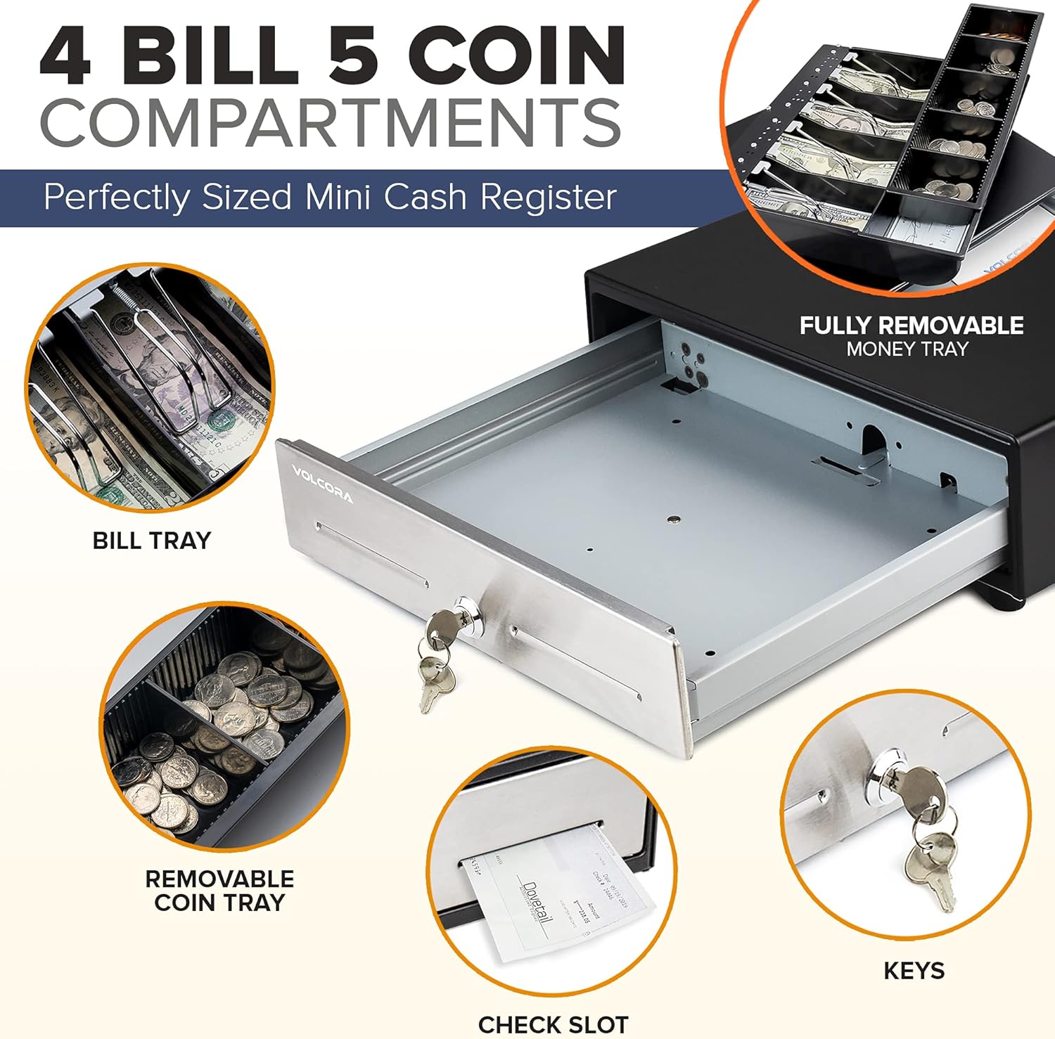 Mini Cash Register Drawer 13” for Point of Sale (POS) System - Black with Stainless Steel Front - Fully Removable 2 Tier Cash Tray, 4 Bill/5 Coin, 24V, RJ11/RJ12 Key-Lock, Double Media Slot : Electronics