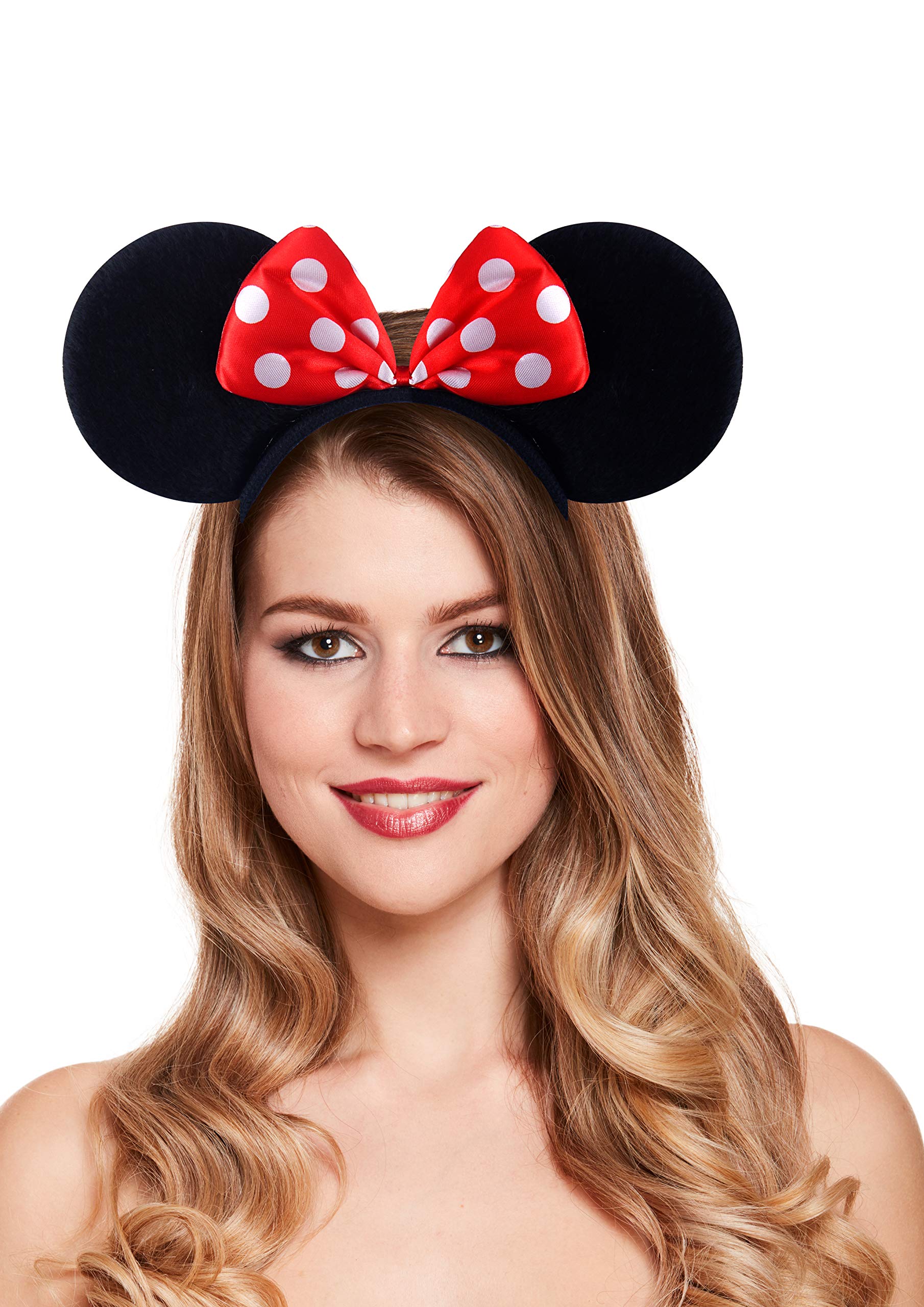 Fancy Dress Black Mouse Ears With A Red And White Polka Dot Bow Headband