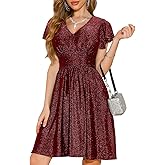 oten Womens 2025 V Neck Ruffle Sleeve Sparkly Glitter Empire Waist Flared A Line Swing Cocktail Party Dress