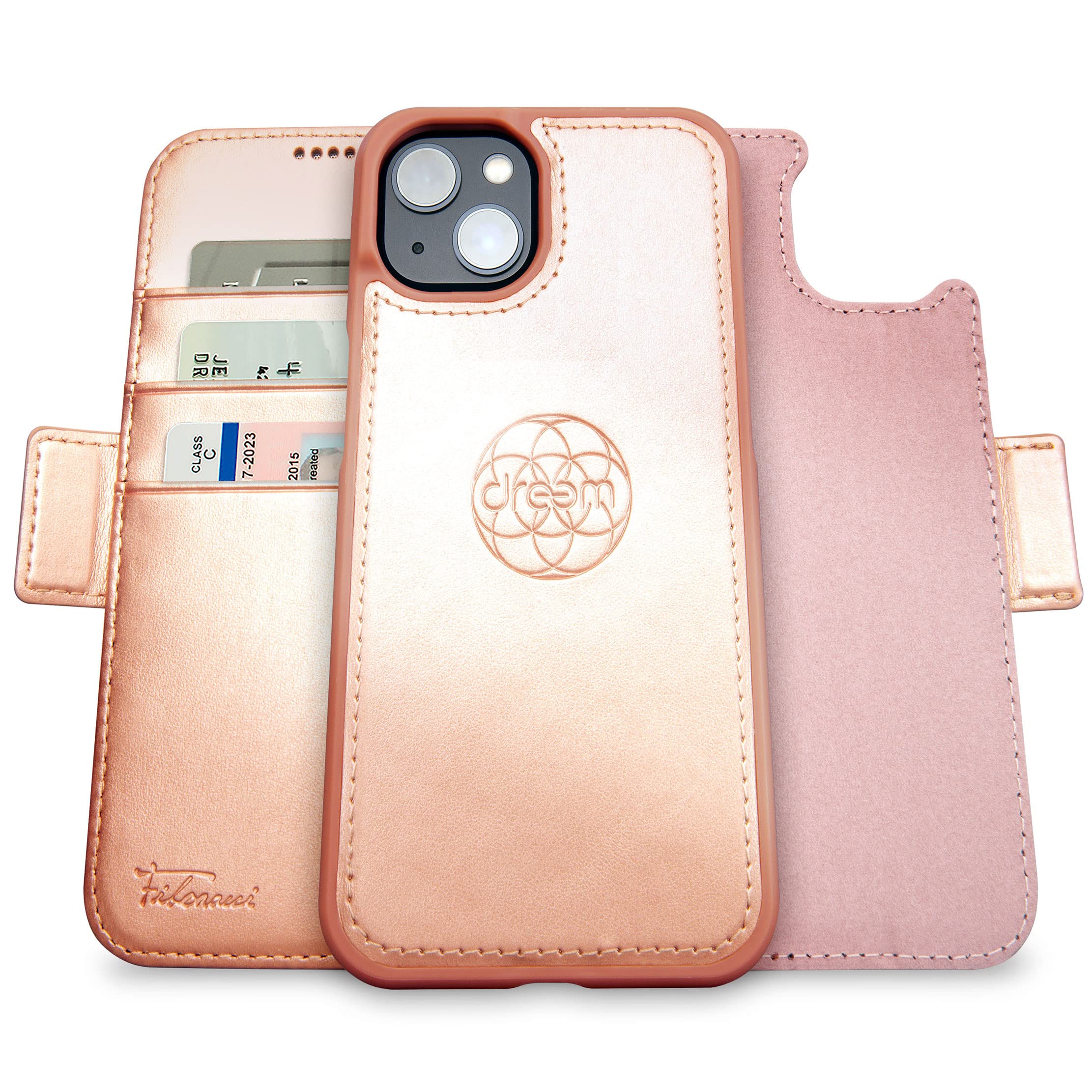dreem Wallet Case for iPhone 14 Plus, 2 Way Phone Stand, Magnetic Detachable Vegan Leather Flip Cover RFID Blocking Card Holder, MagSafe-Fit, Gift Box [Fibonacci: Rose] — image 1
